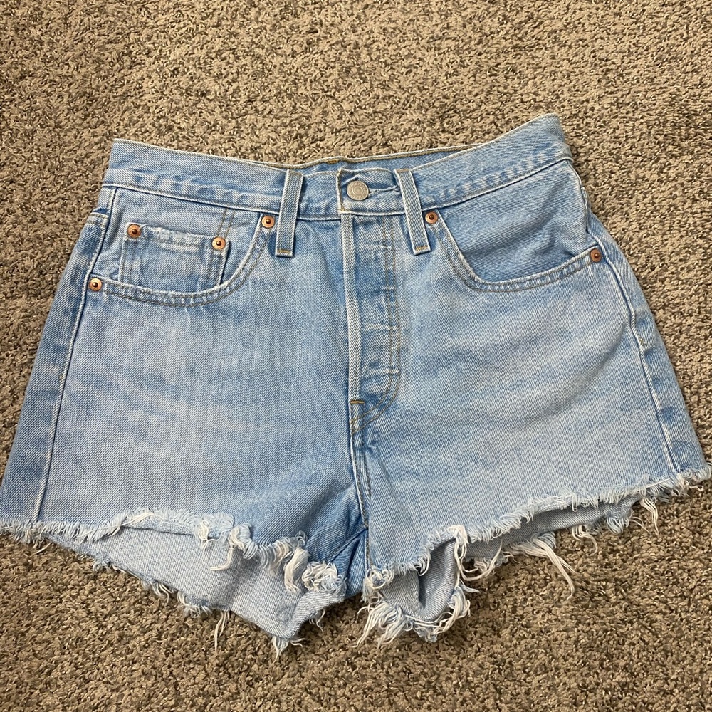 Levi's Light Blue High-Rise Frayed Denim Shorts